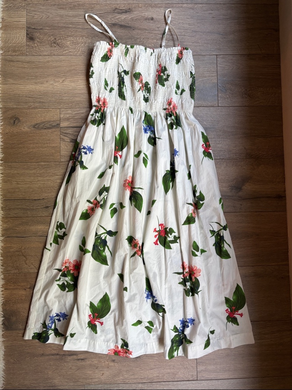 SCOO Floral Smocked Midi Dress Women’s Large White 100% Cotton Cottagecore - Picture 2 of 12
